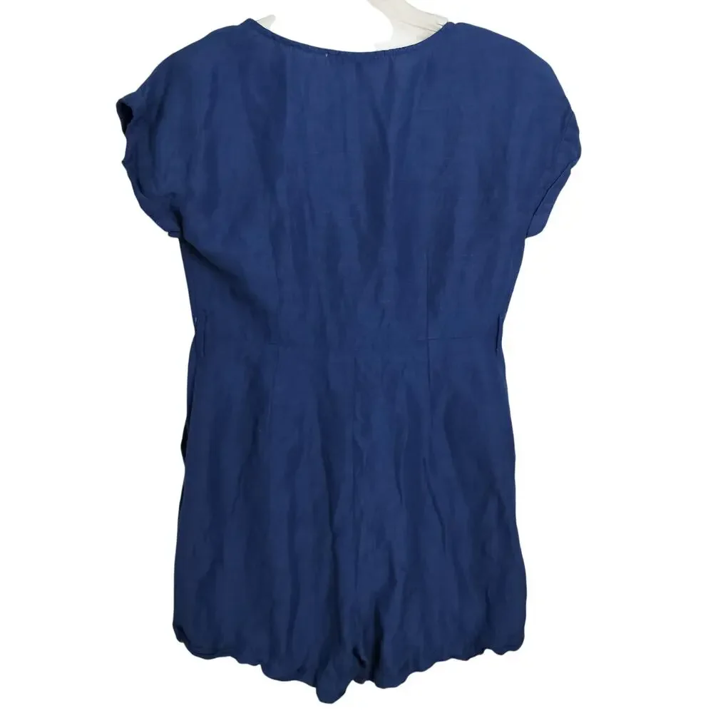 5049) Mango Blue Linen Blend V Neck Button Up Summer Beach Romper Small